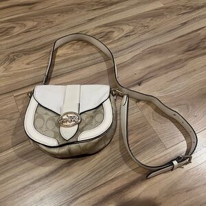 Coach Signature Georgie Saddle Bag Shoulder Bag Canvas Leather Beige